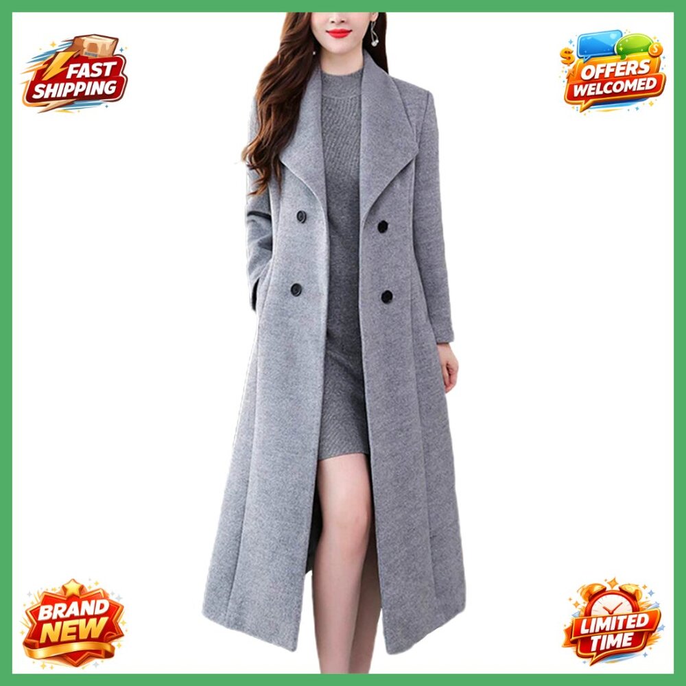 Women's Wool Pea Coat Shawl Collar Double Breasted Maxi Long Slim Fit
